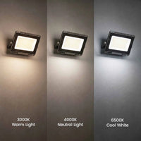 Three side-by-side views of a wall-mounted LED floodlight showing warm, neutral, and cool white light options, labeled 3000K Warm Light, 4000K Neutral Light, and 6500K Cool White.