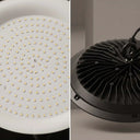A split-view product photo of a high-bay LED pendant light. The left panel shows the underside with many small square LED chips arranged in concentric circles on a white base.