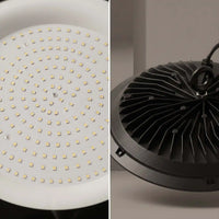 A split-view product photo of a high-bay LED pendant light. The left panel shows the underside with many small square LED chips arranged in concentric circles on a white base.