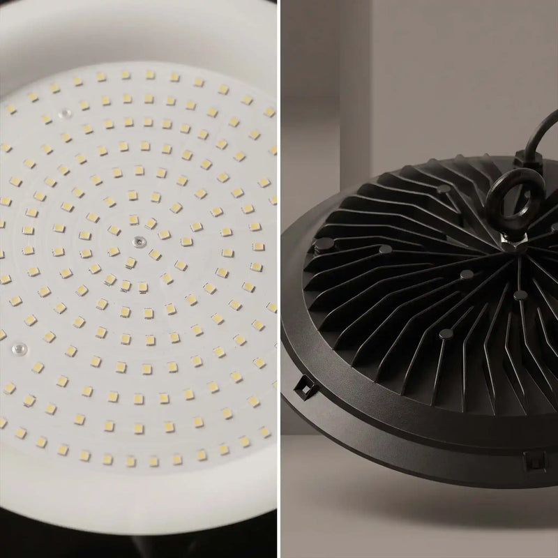A split-view product photo of a high-bay LED pendant light. The left panel shows the underside with many small square LED chips arranged in concentric circles on a white base.