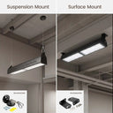 A side-by-side comparison showing two installation options for a long rectangular LED light bar: Suspension Mount on the left, where the light bar hangs from ceiling fixtures, and Surface Mount on the right, where it is mounted flush with the ceiling. Each panel includes an 'Accessories' inset showing the included hardware.