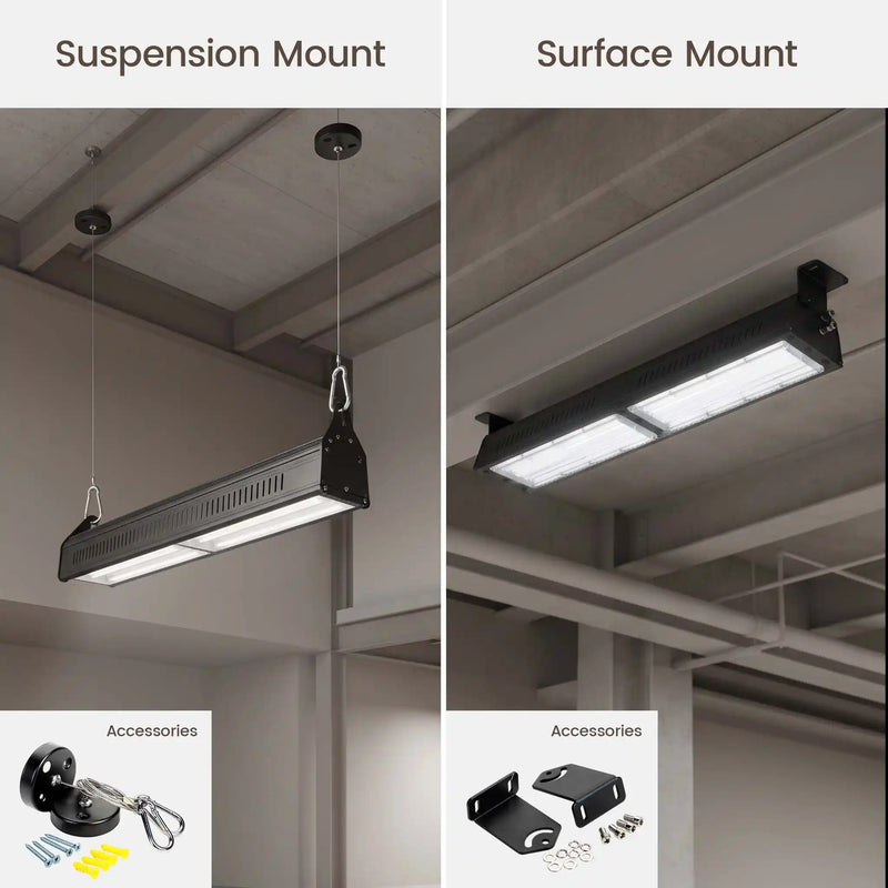 A side-by-side comparison showing two installation options for a long rectangular LED light bar: Suspension Mount on the left, where the light bar hangs from ceiling fixtures, and Surface Mount on the right, where it is mounted flush with the ceiling. Each panel includes an 'Accessories' inset showing the included hardware.