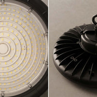 A split close-up of a high-bay LED pendant light, showing the underside with many small yellow LED chips on a white heat sink, and the black ribbed metal housing on the right.