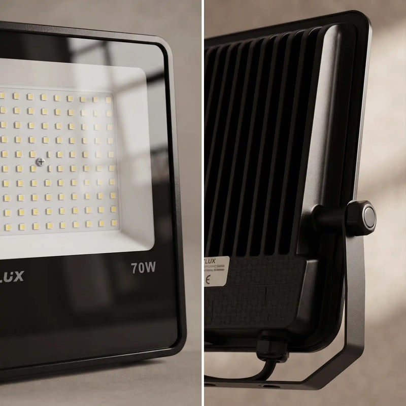 A split-view product photo of a black LED floodlight. The left panel shows a close-up of the front face with a grid of small LED chips, a white reflector, and the text 'LUX' and '70W'.