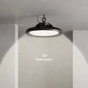 A black industrial-style ceiling light fixture shown mounted on a gray ceiling, with a white illuminated diffuser and overlaid text reading '120° Wide Beam' to indicate the light spread.