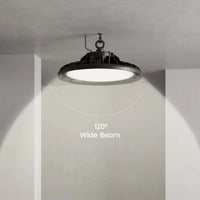 A black industrial-style ceiling light fixture shown mounted on a gray ceiling, with a white illuminated diffuser and overlaid text reading '120° Wide Beam' to indicate the light spread.