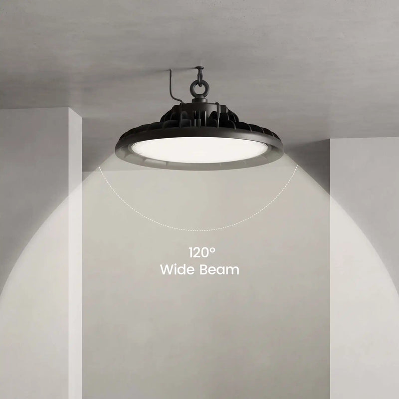 A black industrial-style ceiling light fixture shown mounted on a gray ceiling, with a white illuminated diffuser and overlaid text reading '120° Wide Beam' to indicate the light spread.