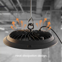 A black hanging industrial light fixture with a ribbed heat-dissipating base, shown against a blurred gray warehouse background with orange airflow arrows and the text 'Heat dissipation design'.