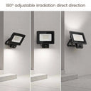 Three-panel product demonstration showing a black outdoor LED floodlight mounted on a light gray wall at different angles, with text at the top reading '180° adjustable irradiation direct direction'.