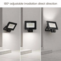 Three-panel product demonstration showing a black outdoor LED floodlight mounted on a light gray wall at different angles, with text at the top reading '180° adjustable irradiation direct direction'.