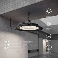 A large black industrial LED light fixture hanging from a ceiling in a gray warehouse or corridor, with rain droplets visible and overlaid text listing features like IP65 dust and water protection, IK08 impact protection, 5KV surge protection, plus icons for sunny, snowy, foggy, and rainy conditions.