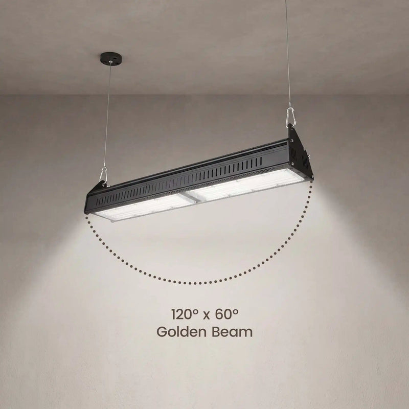 A black rectangular hanging LED grow light suspended from a ceiling, shown casting light downward with a dotted arc and the text '120° x 60° Golden Beam' on a plain wall.