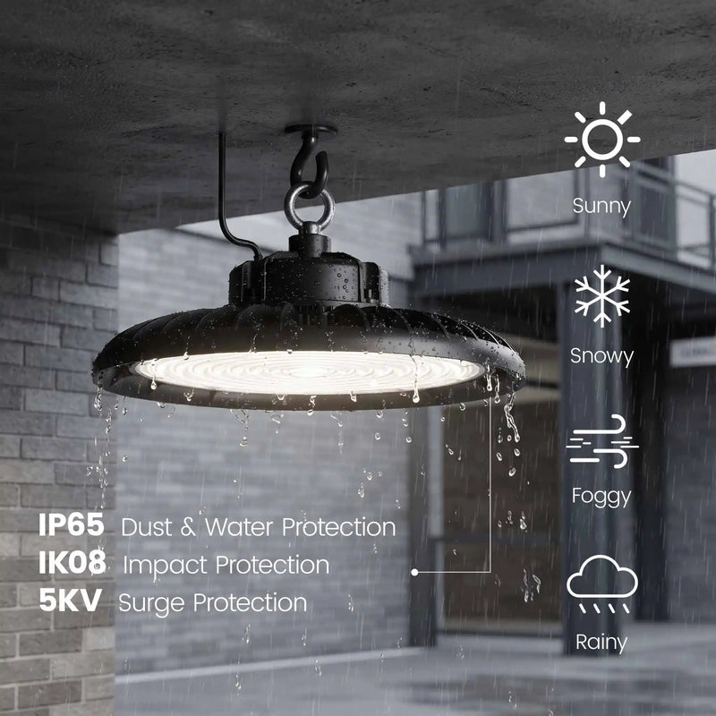 A black industrial pendant light hanging from a ceiling in a rainstorm under a concrete structure, with water dripping from the light housing. White text on the left lists IP65, IK08, and 5KV ratings, and icons on the right indicate Sunny, Snowy, Foggy, and Rainy conditions.