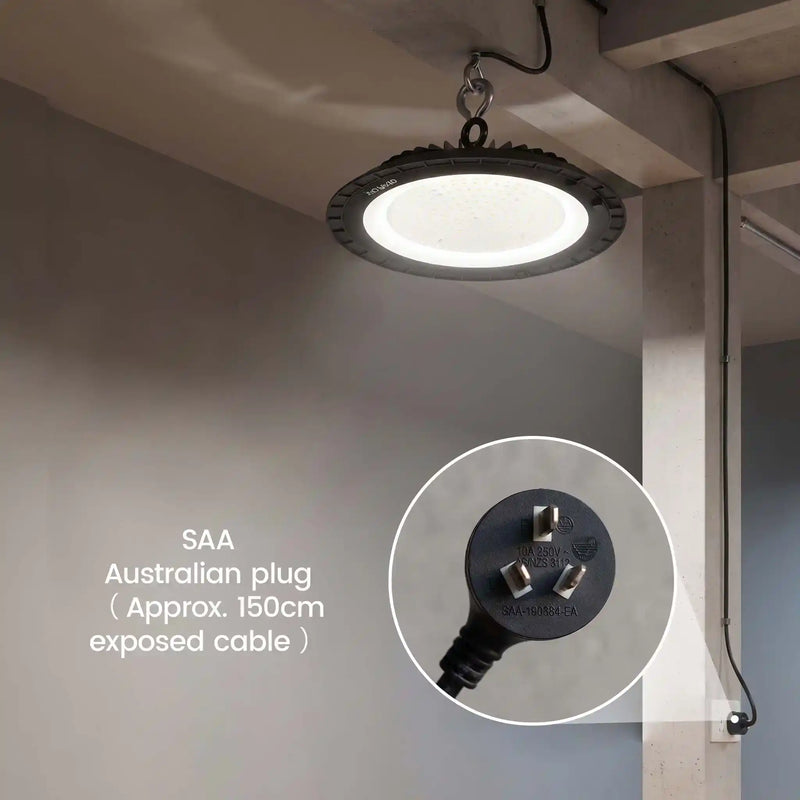 A circular black hanging light fixture with a glowing white diffuser is shown installed on a ceiling in a real interior space. A circular inset highlights the Australian plug and exposed cable, with text reading 'SAA Australian plug (Approx.