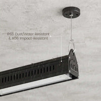 A black industrial ceiling-mounted light fixture shown hanging from a ceiling in a rain-swept environment, with overlaid text reading 'IP65 Dust/Water Resistant & IK06 Impact-Resistant.' This is not a clean product-only studio shot because the real environment and rain create a lifestyle-like presentation, so subject_type is Lifestyle rather than Product/Packaging or Instruction Diagram.