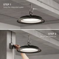 Two-panel instructional graphic showing how to install and power on a hanging industrial LED light. Top panel shows the integrated eyelet hanging from a ceiling hook with text 'STEP 1 Hang the integrated eyelet.