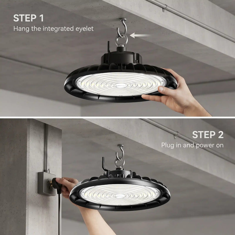 Two-step instructional graphic showing how to hang and plug in a black industrial ceiling light. The top panel shows Step 1: hanging the integrated eyelet from a ceiling hook, with a hand holding the light fixture.