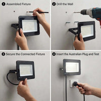 Four-panel instruction diagram showing how to install and plug in a black LED wall light fixture. Step 1 shows the fixture assembled against a wall with a screwdriver.