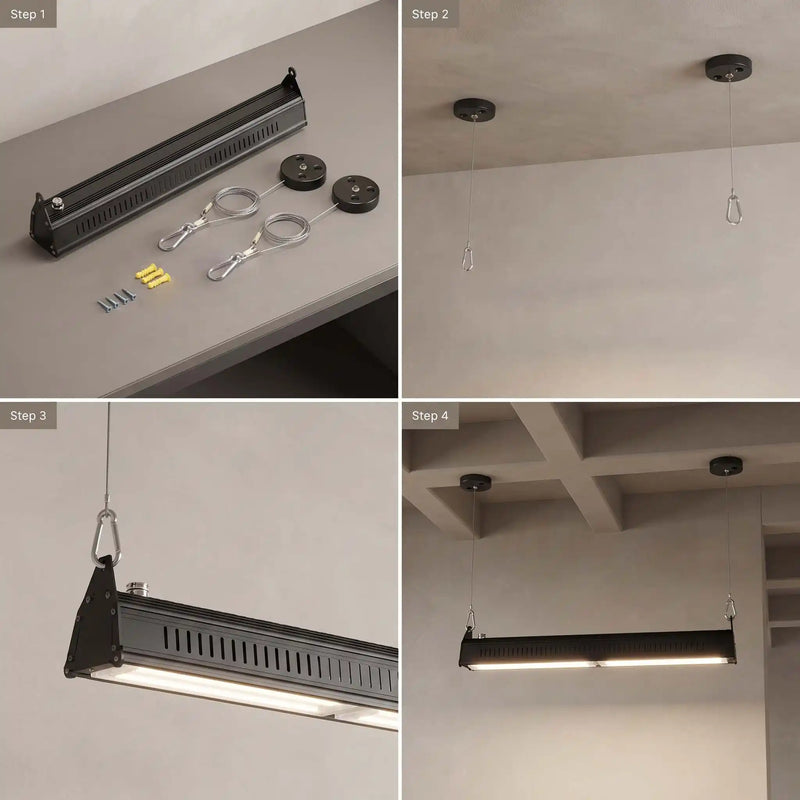 Four-panel instruction collage showing the steps to hang a long rectangular industrial ceiling light fixture. Step 1 shows the fixture and mounting hardware on a tabletop; Step 2 shows two ceiling mounts hanging from the ceiling; Step 3 shows the light fixture suspended by a ring; Step 4 shows the fully installed fixture in use on a ceiling.