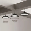 Three black high bay pendant lights of different wattages (100W, 150W, 200W) hanging from the ceiling, with dimension labels and arrows indicating their diameter and height.
