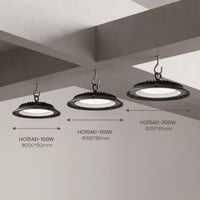 Three black high bay pendant lights of different wattages (100W, 150W, 200W) hanging from the ceiling, with dimension labels and arrows indicating their diameter and height.