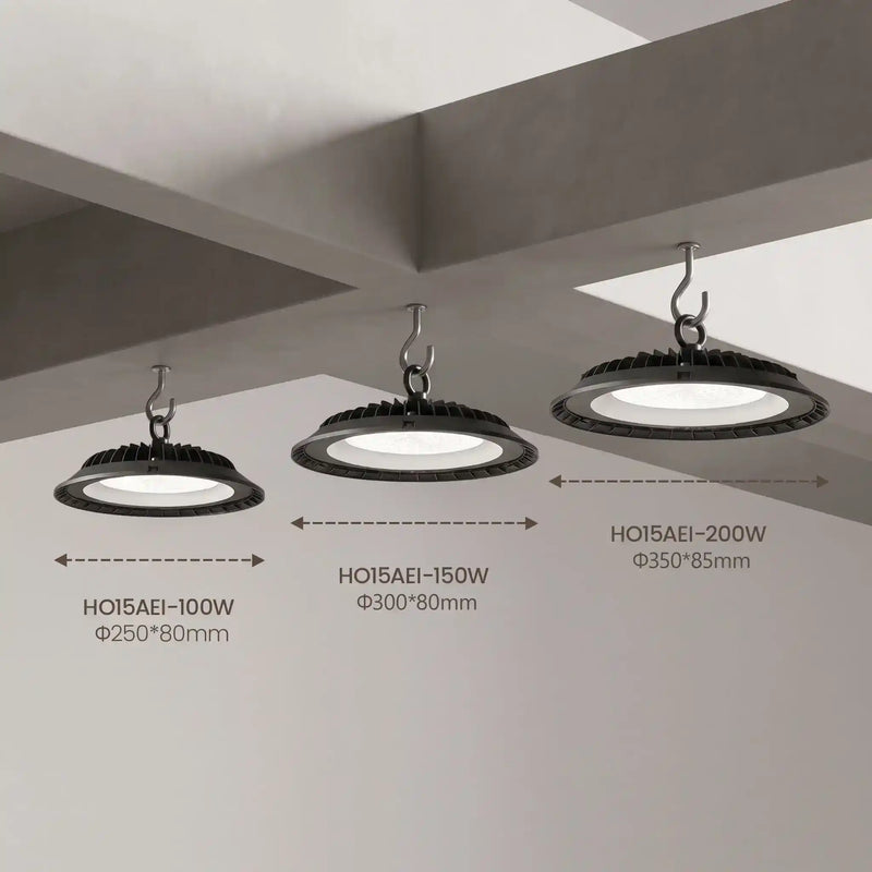 Three black high bay pendant lights of different wattages (100W, 150W, 200W) hanging from the ceiling, with dimension labels and arrows indicating their diameter and height.