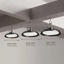 Three black industrial ceiling-mounted LED light fixtures shown under a concrete ceiling, with dimension arrows and text indicating wattage and diameter for 100W, 150W, and 200W models.