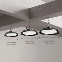 Three black industrial ceiling-mounted LED light fixtures shown under a concrete ceiling, with dimension arrows and text indicating wattage and diameter for 100W, 150W, and 200W models.