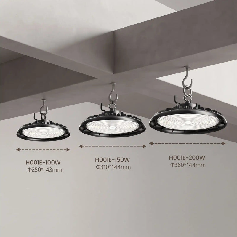 Three black industrial ceiling-mounted LED light fixtures shown under a concrete ceiling, with dimension arrows and text indicating wattage and diameter for 100W, 150W, and 200W models.