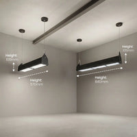 Two black rectangular LED grow lights hanging from ceiling fixtures in a minimalist gray room, with white dimension arrows and text labels showing height measurements of 105mm and 1570mm.