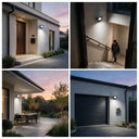 A four-panel collage showing outdoor wall-mounted light fixtures installed on a house exterior, staircase, patio, and garage door, illuminating the surroundings at dusk.