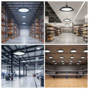 A four-panel collage showing large circular pendant warehouse and retail store lights installed in different indoor environments: a storage warehouse, a retail aisle, an industrial interior, and a basketball court.