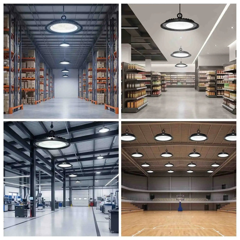 A four-panel collage showing large circular pendant warehouse and retail store lights installed in different indoor environments: a storage warehouse, a retail aisle, an industrial interior, and a basketball court.