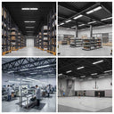 A four-panel collage showing a large industrial warehouse interior with tall shelving, a clean retail/bookstore aisle, a production work area with workers in white coats, and a basketball court.