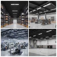 A four-panel collage showing a large industrial warehouse interior with tall shelving, a clean retail/bookstore aisle, a production work area with workers in white coats, and a basketball court.