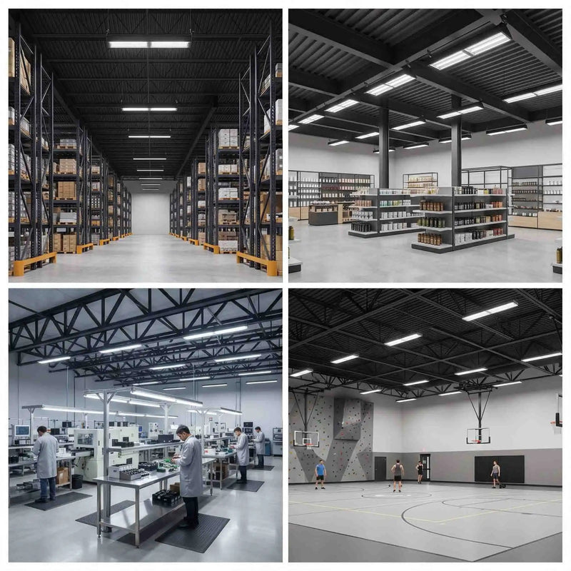 A four-panel collage showing a large industrial warehouse interior with tall shelving, a clean retail/bookstore aisle, a production work area with workers in white coats, and a basketball court.
