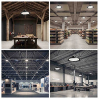 A four-panel collage showing overhead industrial pendant lights installed in different real environments: a rustic barn interior, a retail store aisle, a warehouse/showroom ceiling, and a garage with cars.