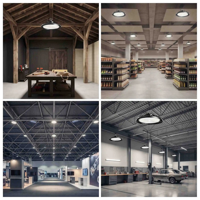 A four-panel collage showing overhead industrial pendant lights installed in different real environments: a rustic barn interior, a retail store aisle, a warehouse/showroom ceiling, and a garage with cars.