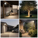 A four-panel collage showing outdoor landscape light fixtures in use: one mounted on a barn wall with sheep at a feeder, one glowing under a tree in a yard, one mounted on a house exterior with a car nearby, and one mounted on a pergola over a patio with seating and plants.