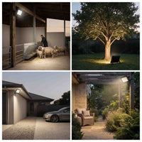A four-panel collage showing outdoor landscape light fixtures in use: one mounted on a barn wall with sheep at a feeder, one glowing under a tree in a yard, one mounted on a house exterior with a car nearby, and one mounted on a pergola over a patio with seating and plants.