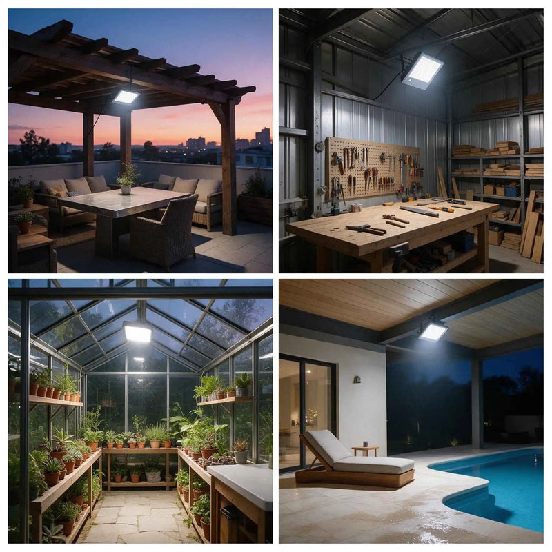 A four-panel collage showing outdoor and indoor lighting solutions in use: a pergola with a table at dusk, a workshop bench illuminated by a ceiling light, a greenhouse with plants under grow lights, and a poolside lounge area lit at night.