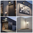 A four-panel collage showing outdoor wall-mounted light fixtures installed above storefronts and building entrances, illuminating brick, wood, and concrete facades at dusk.