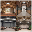 A four-panel collage showing large indoor barn or stable interiors with hanging industrial-style pendant lights. The scenes include an open main door with hay bales and equipment, a stable aisle with stalls, a spacious metal-sided barn with vehicles, and a tractor-and-conveyer workspace.