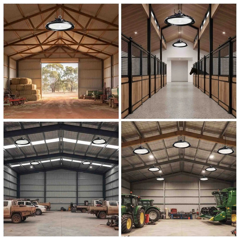 A four-panel collage showing large indoor barn or stable interiors with hanging industrial-style pendant lights. The scenes include an open main door with hay bales and equipment, a stable aisle with stalls, a spacious metal-sided barn with vehicles, and a tractor-and-conveyer workspace.