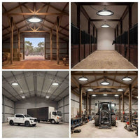 A four-panel collage showing large industrial pendant lights installed in different real-world environments: a barn with a horse, a stable aisle, a warehouse with a pickup truck and box truck, and a tractor workshop.