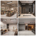 A four-panel collage showing overhead black linear track lighting fixtures installed in different interior spaces: a grocery store aisle, a gym, a workshop, and a garage.