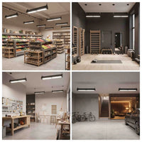 A four-panel collage showing overhead black linear track lighting fixtures installed in different interior spaces: a grocery store aisle, a gym, a workshop, and a garage.