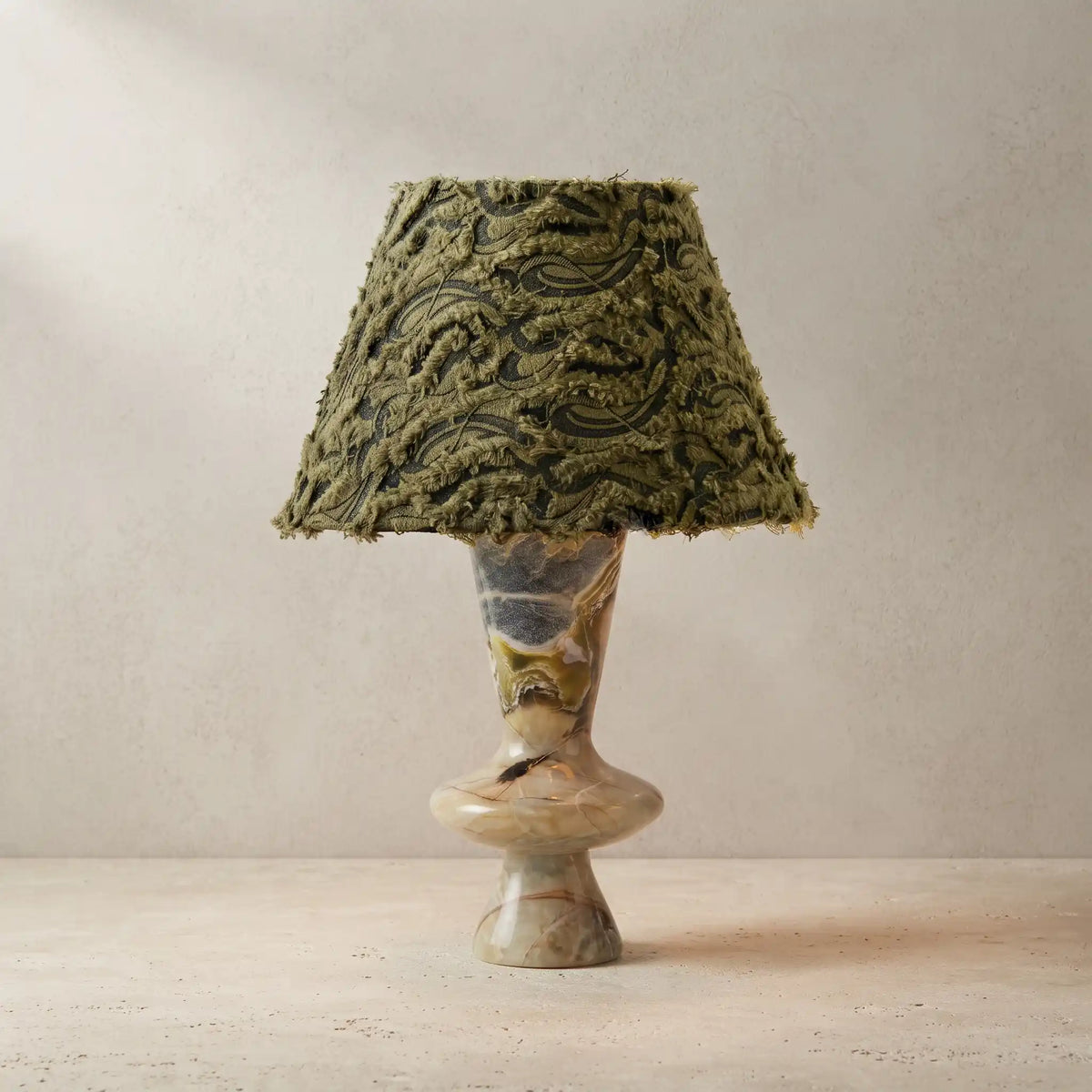 Forest Ember Twilight Marble table lamp with sculptural stone base and textured fabric shade