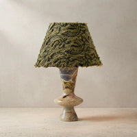 Forest Ember Twilight Marble table lamp with sculptural stone base and textured fabric shade