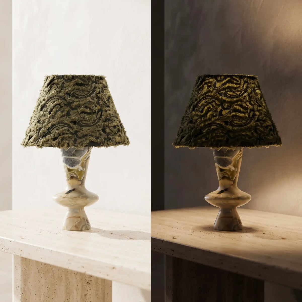 Forest Ember Twilight Marble table lamp shown switched off and illuminated with warm light